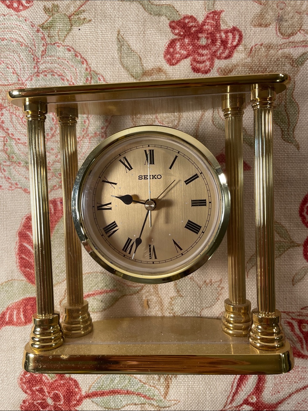 Vintage Seiko Brass Pillar Desk Mantel Clock QHE101GLH Floating Dial - EXCELLENT